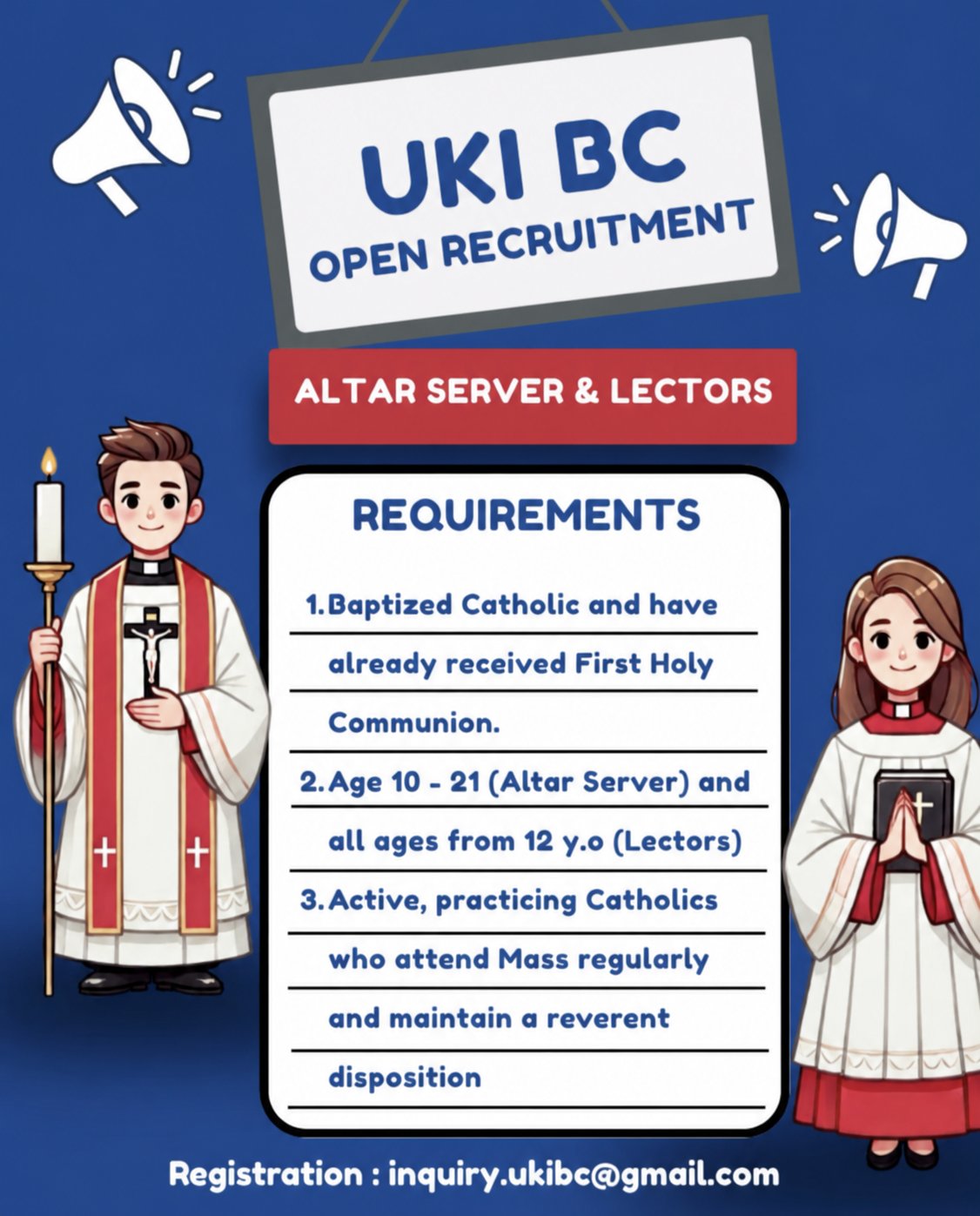 UKI BC open recruitment poster for altar servers and lectors